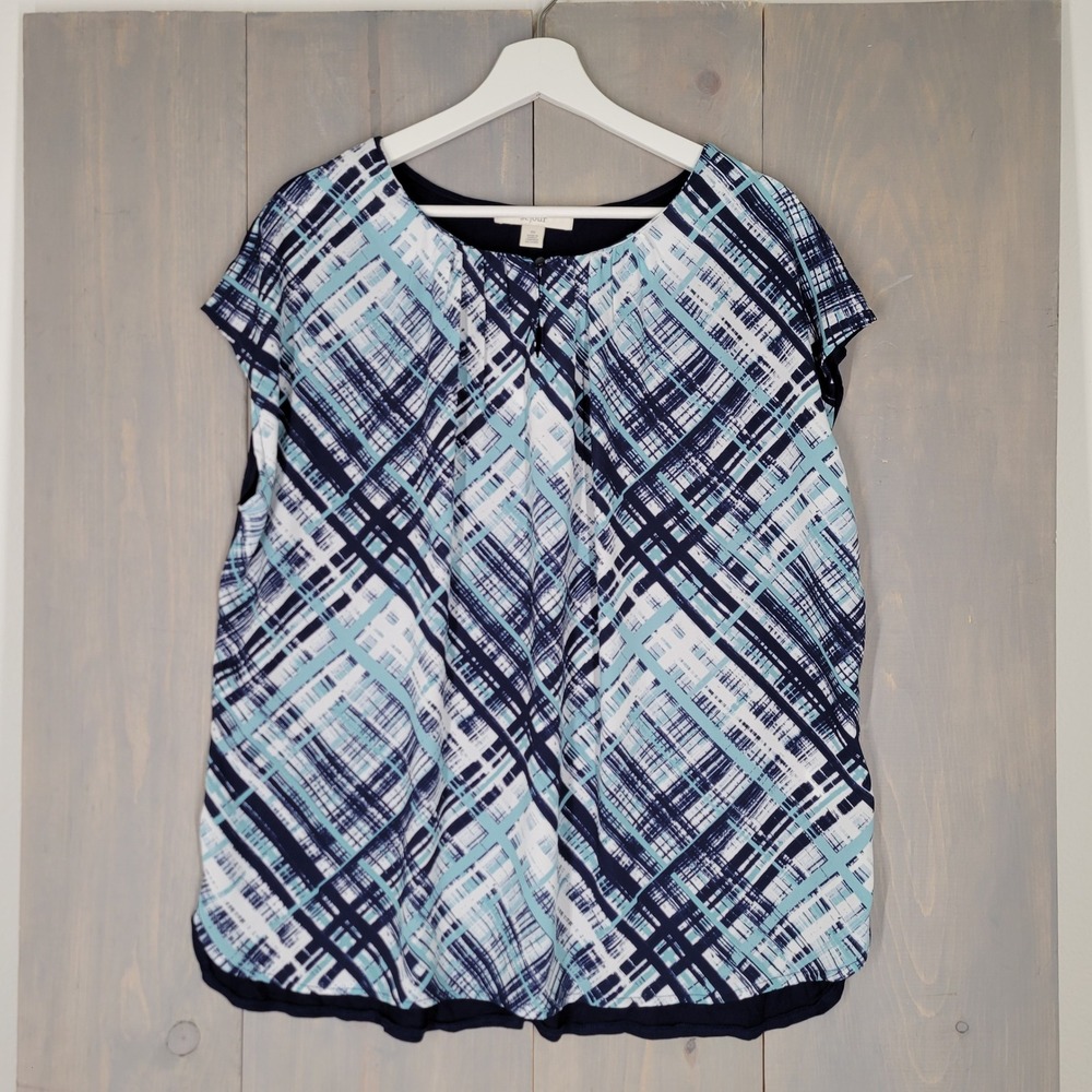 Sejour Sleeveless BlouseTop Womens 0X Blue Abstract Plaid Cap Sleeve Mixed Media